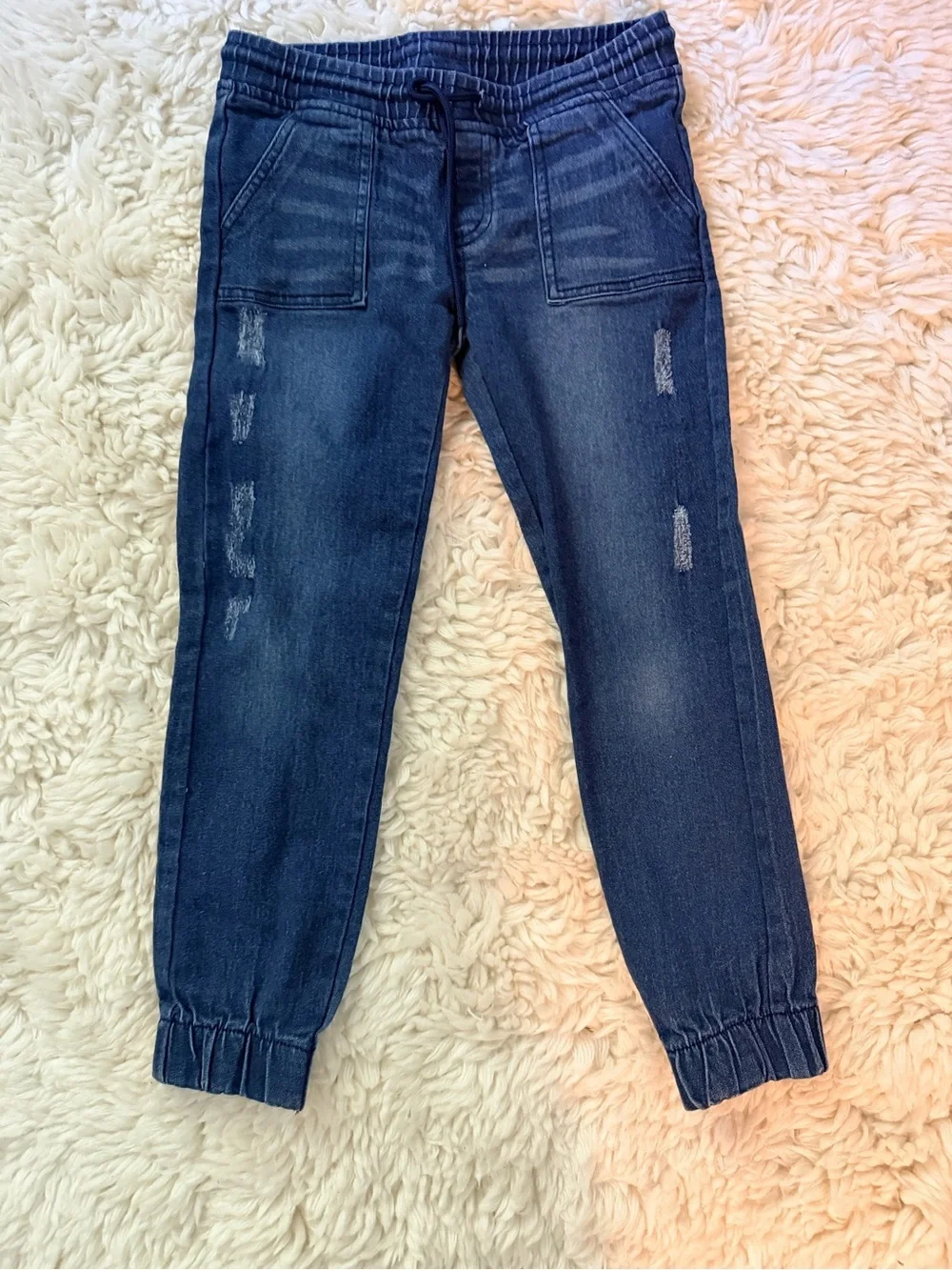 Girls' Dark Blue Elastic-Waist Distressed Denim Joggers